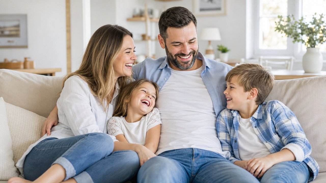 A happy family relaxing together at home
